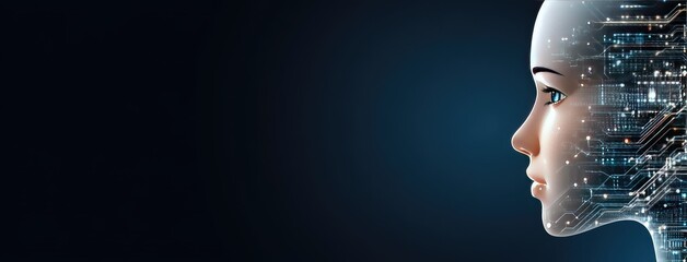 Abstract design featuring a human head profile with a circuit board pattern against a blue backdrop, showcasing artificial intelligence