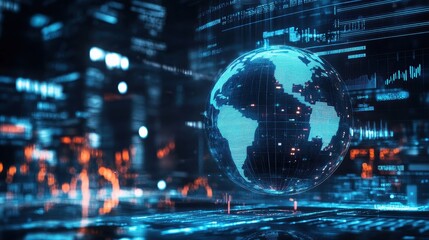 Fototapeta premium A futuristic representation of global connections, a globe surrounded by spinning holographic data points, sci-fi, high resolution, vibrant tones