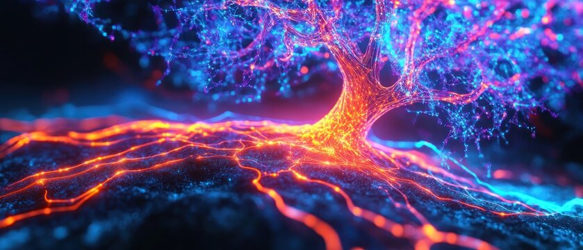 Oak Nature Tree Plexus Neon Black Background Digital Desktop Wallpaper HD 4k Network Light Glowing Laser Motion Bright Abstract