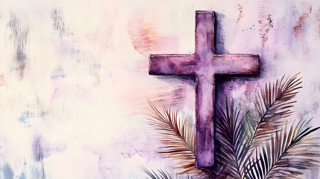 una cruz de madera morada con hojas de palma para celebrar la semana santa y el domingo de ramos momento religioso con espacio de copia fondo espiritual