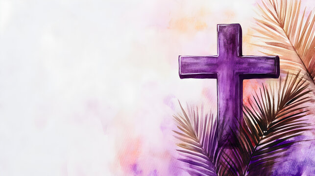 un fondo con espacio de copia con una cruz de madera representando el color morado de resurreccion celebracion de la semana santa para los catolicos cristianos con ramas de palma