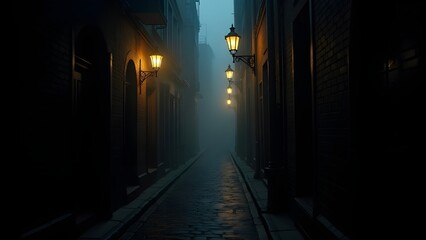 A dark alleyway with light reflecting off wet cobblestones