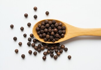 wooden spoon filled with black peppercorns, surrounded by scattered peppercorns on a clean white background.
