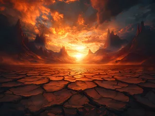 Fototapeten Fiery sunset over cracked desert landscape © Ismah Yuni