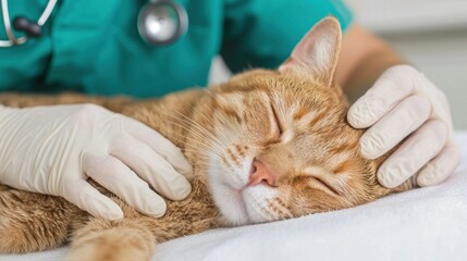 Caring veterinarian gently examines a relaxed ginger cat in a clinical setting