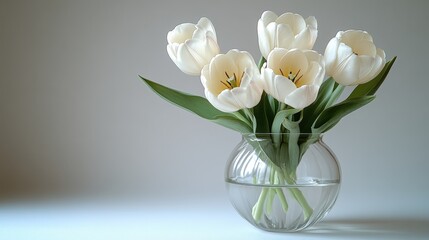 Obraz premium Minimalist bouquet of white tulips in a glass vase on a clean background