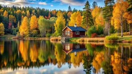 Serene Finnish cottage surrounded by lush greenery and trees near a peaceful lake with calm waters reflecting the surrounding landscape in autumn colors , autumn, woodland