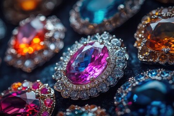 Opulent jewelry pieces on dark, rich backgrounds, creating a luxurious and sophisticated visual contrast.