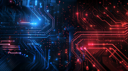 technology circuit board dark abstract digital background red blue neon glow modern