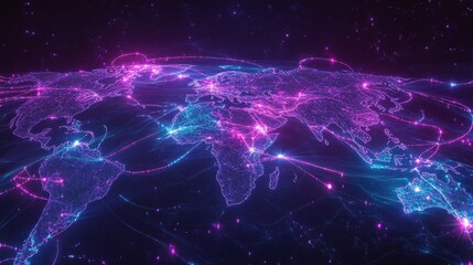 A surreal cyberpunk-style world map with neon trade routes forming an intricate spiderweb of global commerce, set in deep purple and electric blue tones. 