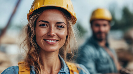 Smiling female construction worker wearing yellow hard hat with colleague in background