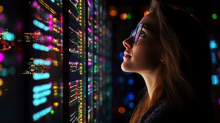 Woman Observing Colorful Data Displays in a High-Tech Environment