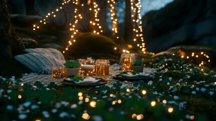 Obraz premium Gathering under twinkling lights, celebrating St. Patrick's Day with nature’s charm in a serene atmosphere