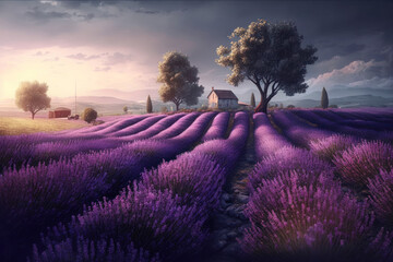 Beautiful lavender field with old little houses in the rays of the sun. Generative AI