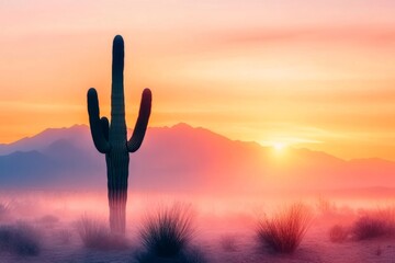 A desert landscape at twilight, with a single cactus silhouetted against a vibrant, multicolored sky