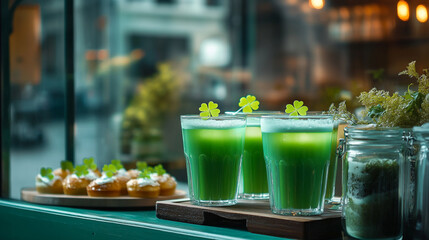 Celebrating St. Patrick's Day with vibrant green drinks and delightful treats in a cozy cafe setting