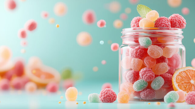 Colorful gummy candies in jar with scattered sweets and citrus slices create vibrant and playful scene. bright colors evoke sense of joy and indulgence