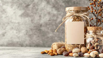 rustic display of jars filled with nuts and granola, featuring blank label for customization. warm tones and natural elements create cozy atmosphere