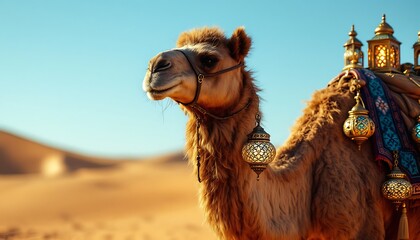 Desert Camel Adorned With Ornate Lanterns Golden Hour Setting