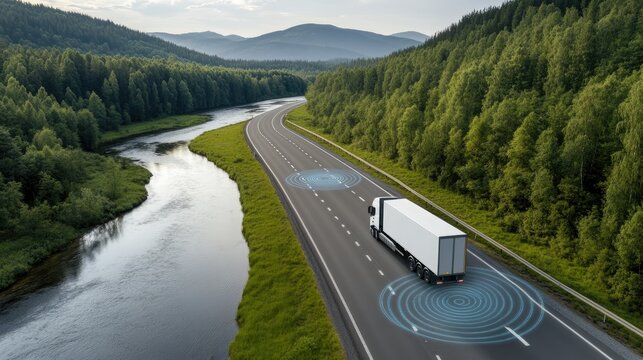 Modern truck drives on a road over a river, highlighted by blue digital elements and framed by a vibrant green forest backdrop - Powered by Adobe