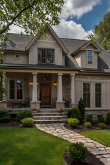 Luxury House Exterior: Stone Facade, Classic Design, Landscaped Garden