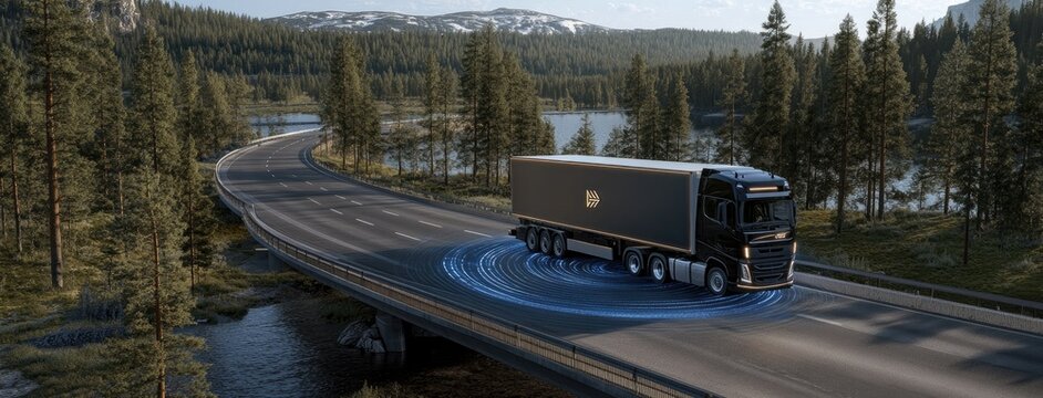 Modern truck drives on a road over a river, highlighted by blue digital elements and framed by a vibrant green forest backdrop