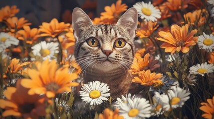 Kitten amidst orange and white flowers, garden background, pet portrait