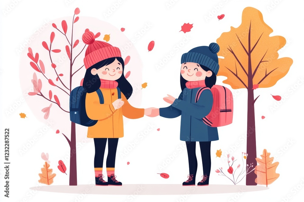 Poster a flat design of two characters shaking hands in agreement after a convincing discussion, with soft 