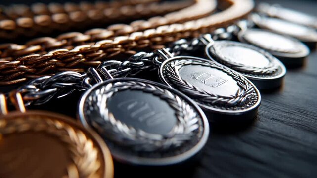 Close up view of gold, silver, and bronze medals hanging on chains against a dark wooden background. The medals feature engraved laurel wreaths