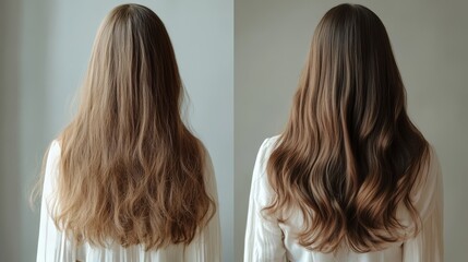Fototapeta premium Girl with Back Hair before and after. the concept of hair care
