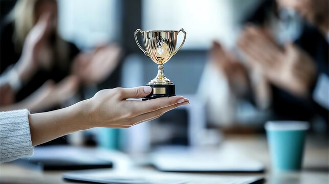 Close-up of a hand holding a trophy in an office setting with colleagues applauding in the background, symbolizing achievement and success in a professional environment.