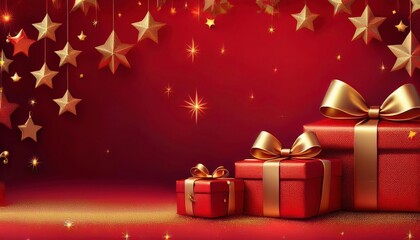 A red Christmas gift box with a gold bow sits amidst festive decorations, candles, and a tree, perfect for the holiday season