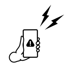 緊急警報が鳴って危険を知らせるスマートフォンのイラスト。警告マークが表示されたスマホの持つ手のアイコン。