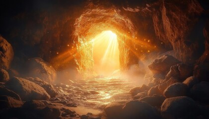 Resurrection and the Empty Tomb of Jesus in a Mystical Cave of Light with Crosses Background