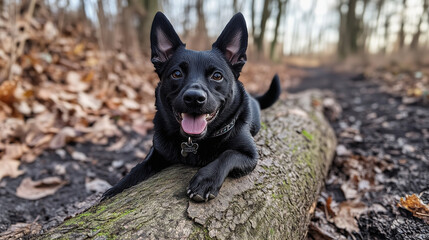 Naklejka premium Czarny pies na pniu w jesiennym lesie