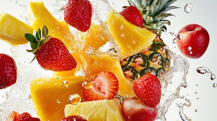 Fresh pineapple, strawberries, and peach splashing in water.