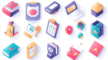 Colorful Icons of Office Supplies and Educational Tools Illustrations
