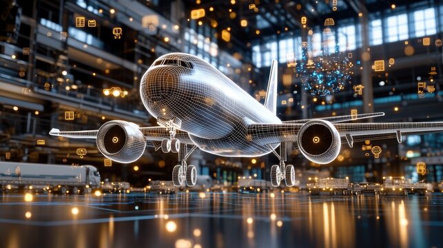 Digital blue map showcasing a global transportation network with cargo vehicles, planes, and trains depicted in a high-resolution design.