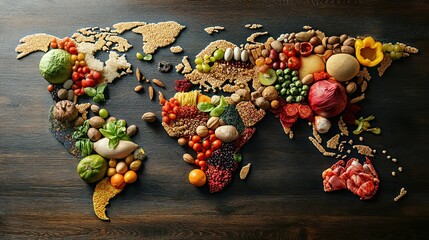 Global food map, diverse produce, wooden background, healthy eating concept