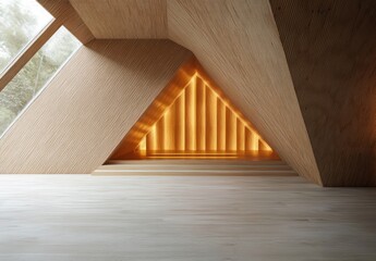 Minimalist Interior Design with Angled Wooden Walls and Natural Light in Spacious Loft Style Room
