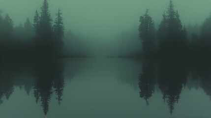 Fototapeta premium Foggy lake, trees reflected, misty morning, serene landscape, nature wallpaper