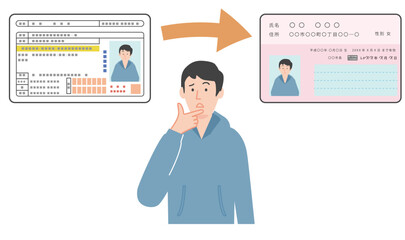 マイナ免許証（マイナンバーカードと運転免許証の一体化）への切り替えについて悩む男性