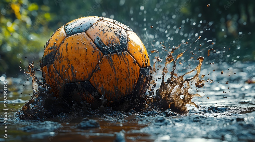 Poster dynamic closeup of a football sinking into mud the splash frozen in time with minimal light adding s