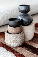 Stacked Textured Ceramic Pottery Bowls on a Striped Rug