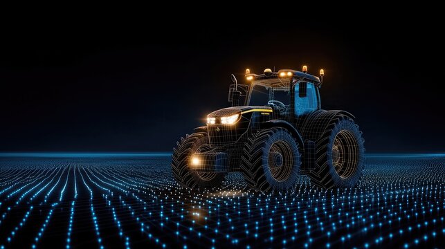 Fototapeta A glowing wireframe tractor reveals intricate electronics against a dark blue backdrop, merging technology with agriculture