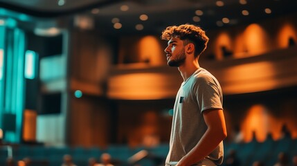 Fototapeta premium A young man stands on stage, illuminated by soft lights, immersed in thought as he addresses an audience in a modern auditorium setting.