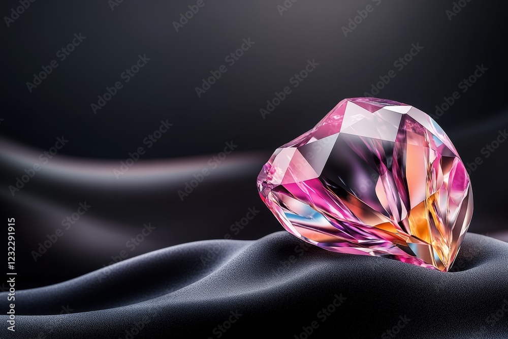 Poster a hyper-realistic image of a rare, vividly colored gemstone sitting on a black velvet surface, with 