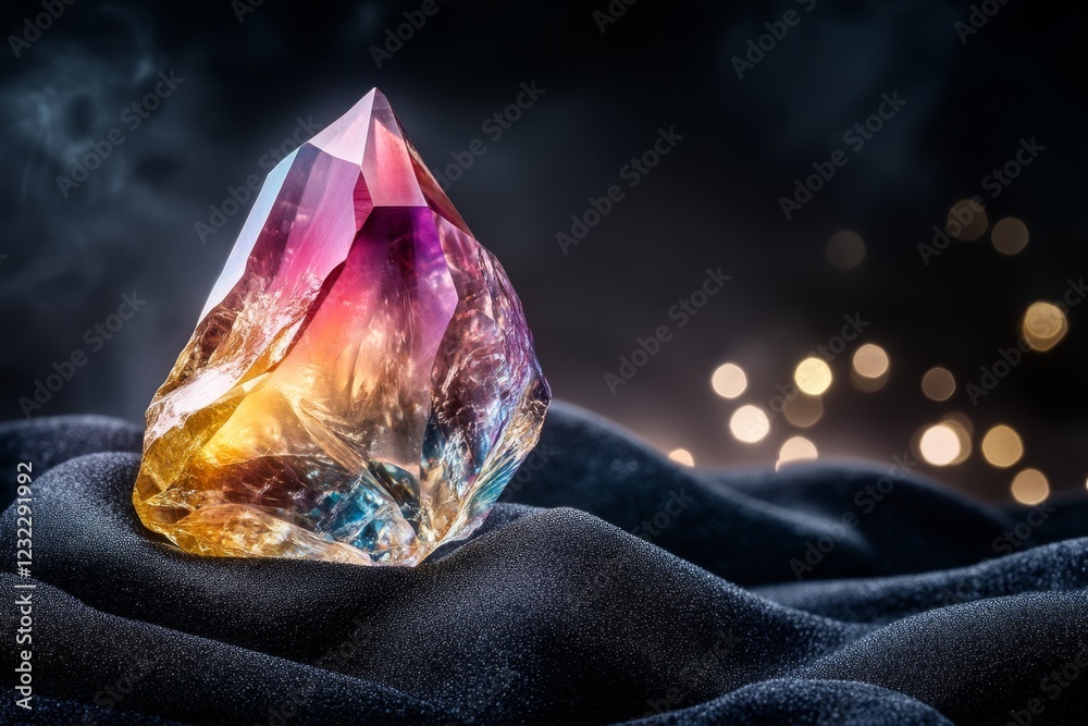 Poster a hyper-realistic image of a rare, vividly colored gemstone sitting on a black velvet surface, with 
