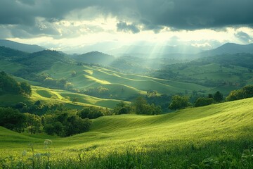 Obraz premium Rolling green hills under a cloudy sky with patches of sunlight breaking through, casting light and shadow across the vibrant landscape.