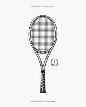 Hand-drawn vintage-style tennis racket and ball illustration. Perfect for sports branding, posters, merchandise, instructional materials, and retro-themed tennis designs.